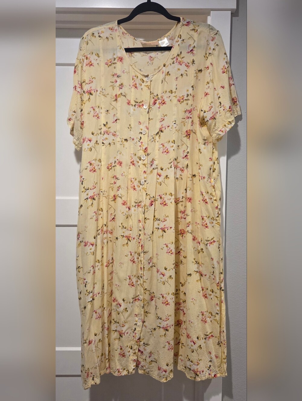 La Cera Yellow Floral Midi Button Front Dress Short Sleeve Size 1xl